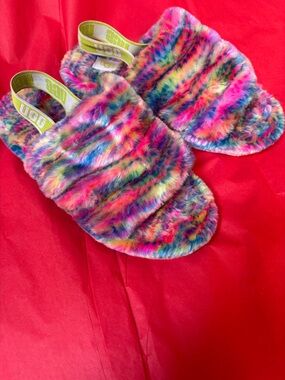 UGG Rainbow Faux-Fur Slide Slippers with Branded Strap